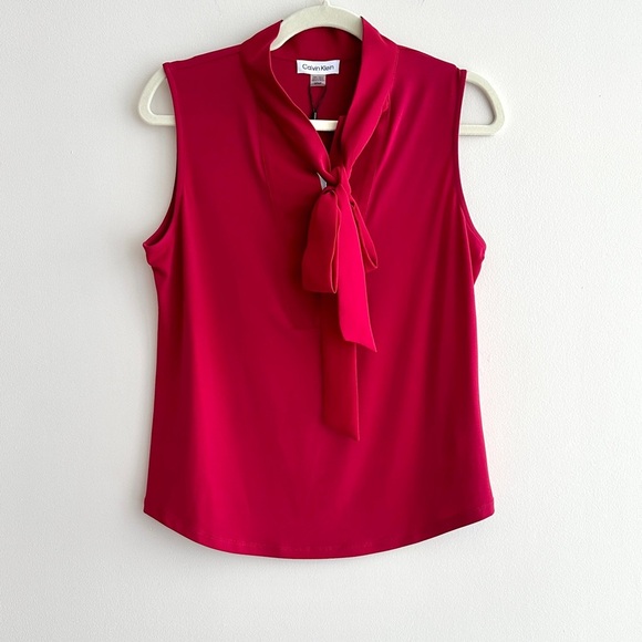 Calvin Klein Red Sleeveless V-Neck Suit Blouse with Ribbon Tie, Size Small - Picture 1 of 16